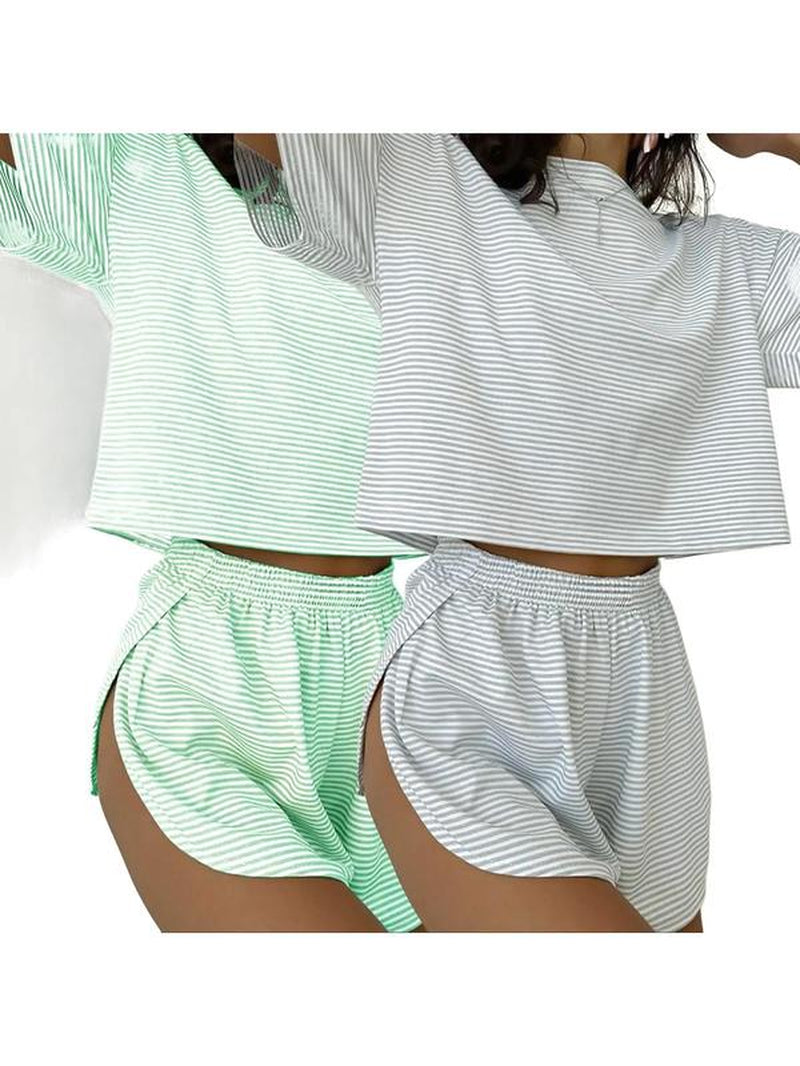 Two-Piece Set Women'S Striped Print Drop Shoulder Tee & Wrap Split Shorts Pajamas Set, Comfy Short Sleeve T-Shirt & Elastic Waist Shorts Pj Set, Back to School Wear Lounge Sets, Pajama Sets Women, Fall Clothes