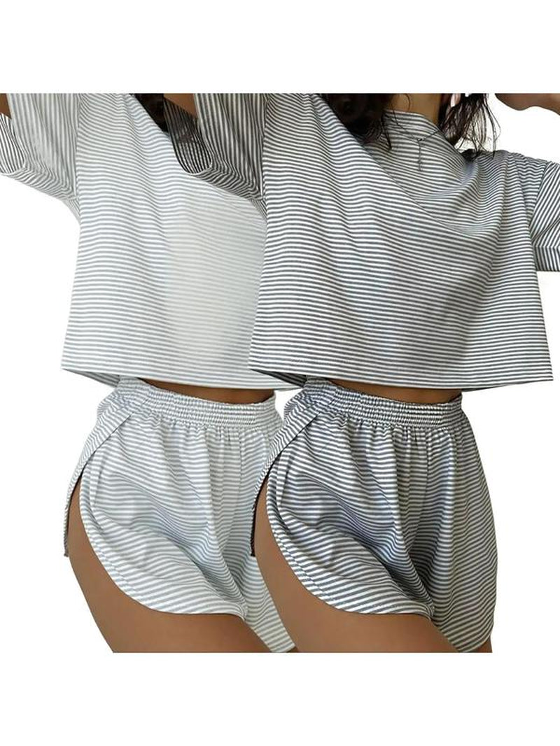 Two-Piece Set Women'S Striped Print Drop Shoulder Tee & Wrap Split Shorts Pajamas Set, Comfy Short Sleeve T-Shirt & Elastic Waist Shorts Pj Set, Back to School Wear Lounge Sets, Pajama Sets Women, Fall Clothes