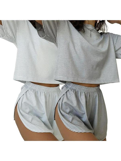 Two-Piece Set Women'S Striped Print Drop Shoulder Tee & Wrap Split Shorts Pajamas Set, Comfy Short Sleeve T-Shirt & Elastic Waist Shorts Pj Set, Back to School Wear Lounge Sets, Pajama Sets Women, Fall Clothes