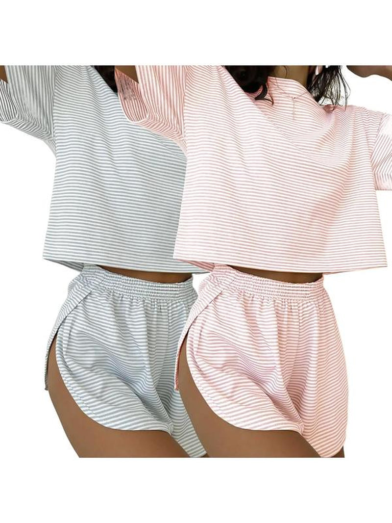 Two-Piece Set Women'S Striped Print Drop Shoulder Tee & Wrap Split Shorts Pajamas Set, Comfy Short Sleeve T-Shirt & Elastic Waist Shorts Pj Set, Back to School Wear Lounge Sets, Pajama Sets Women, Fall Clothes