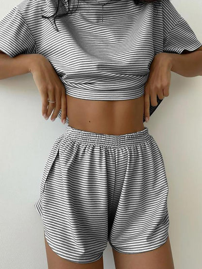 Two-Piece Set Women'S Striped Print Drop Shoulder Tee & Wrap Split Shorts Pajamas Set, Comfy Short Sleeve T-Shirt & Elastic Waist Shorts Pj Set, Back to School Wear Lounge Sets, Pajama Sets Women, Fall Clothes